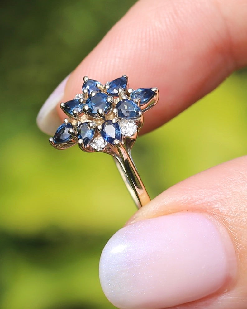 Vintage Blue Sapphire and Diamond Cluster Ring, 9ct Yellow Gold, size N or 6.75, 2.34g