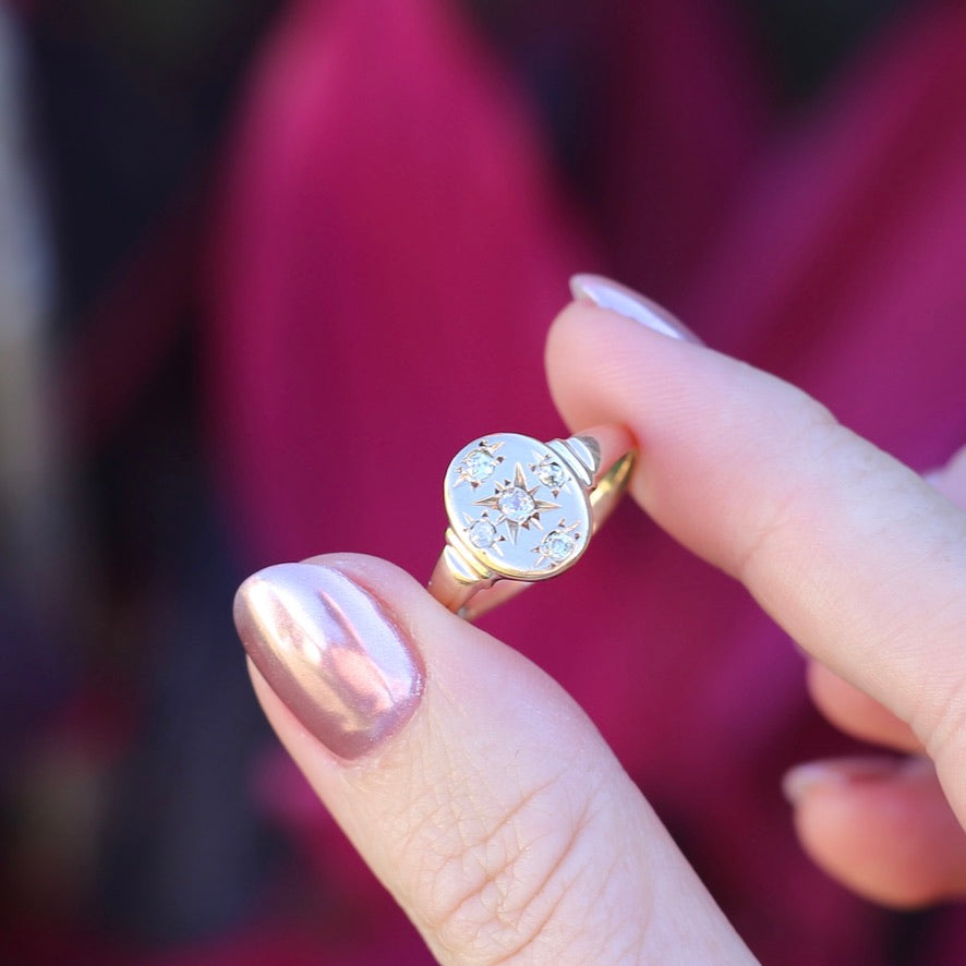 Early Australian Joseph Lawrence Signet Ring, Star Set with 5 Old Cut Diamonds, size T or 9.5