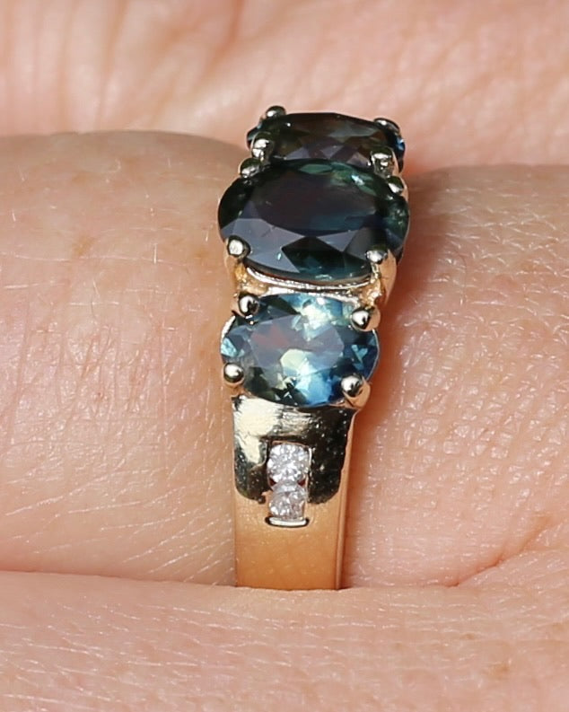 2.1ct Parti Sapphire Trilogy with Channel Set Diamonds, in Vintage 9ct Yellow Gold Ring, size O or 7.25