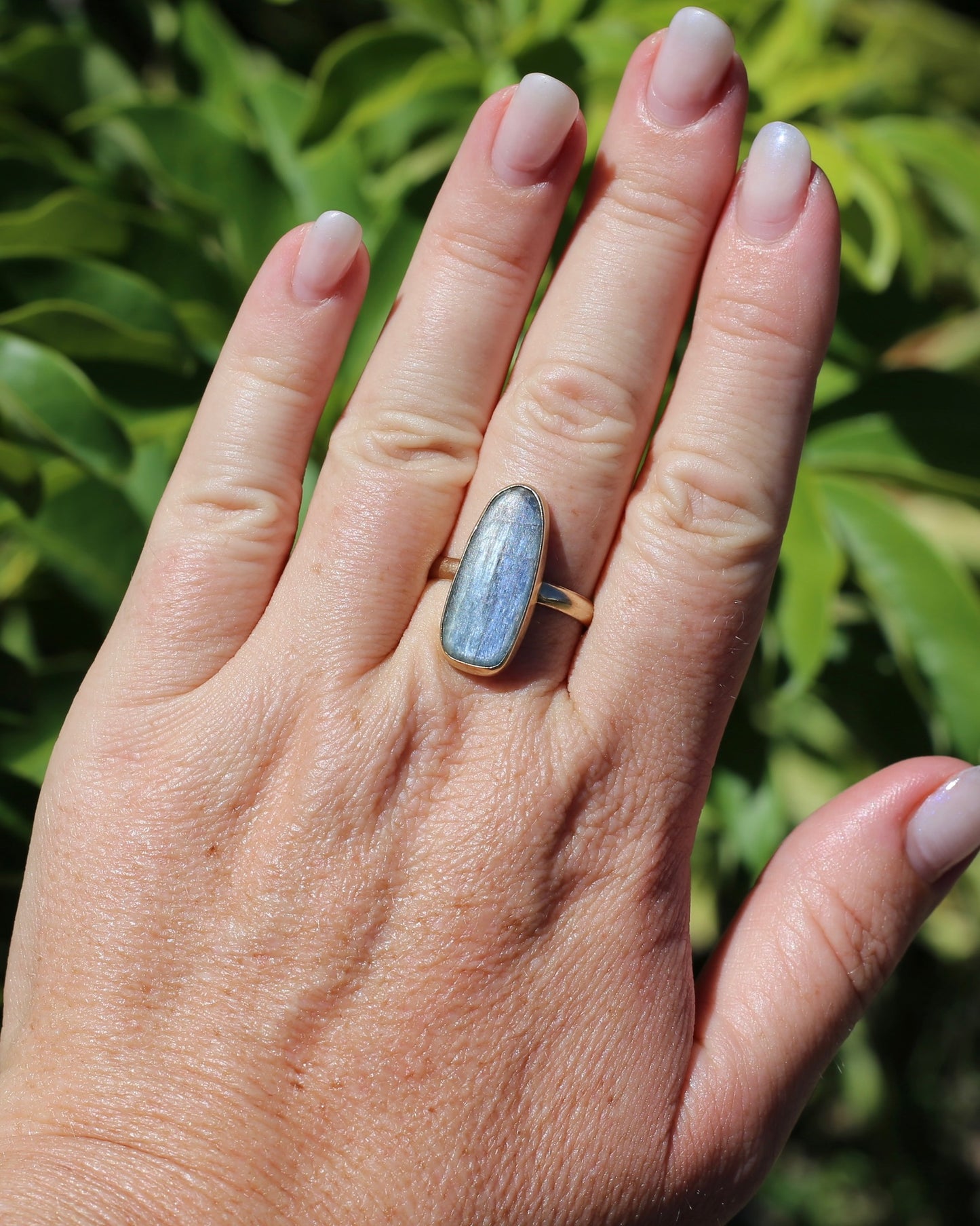 Rustic Freeform Labradorite Cabochon in Bezel Setting, 9ct Yellow Gold, size X1/2 or 11.75