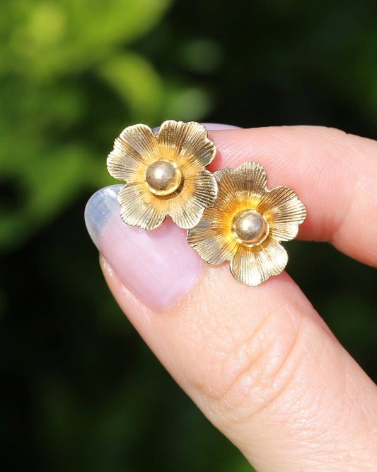 Vintage 1950s Large Floral Earring Studs, 9ct Gold (14K butterflies), Birmingham Made, 3.27g