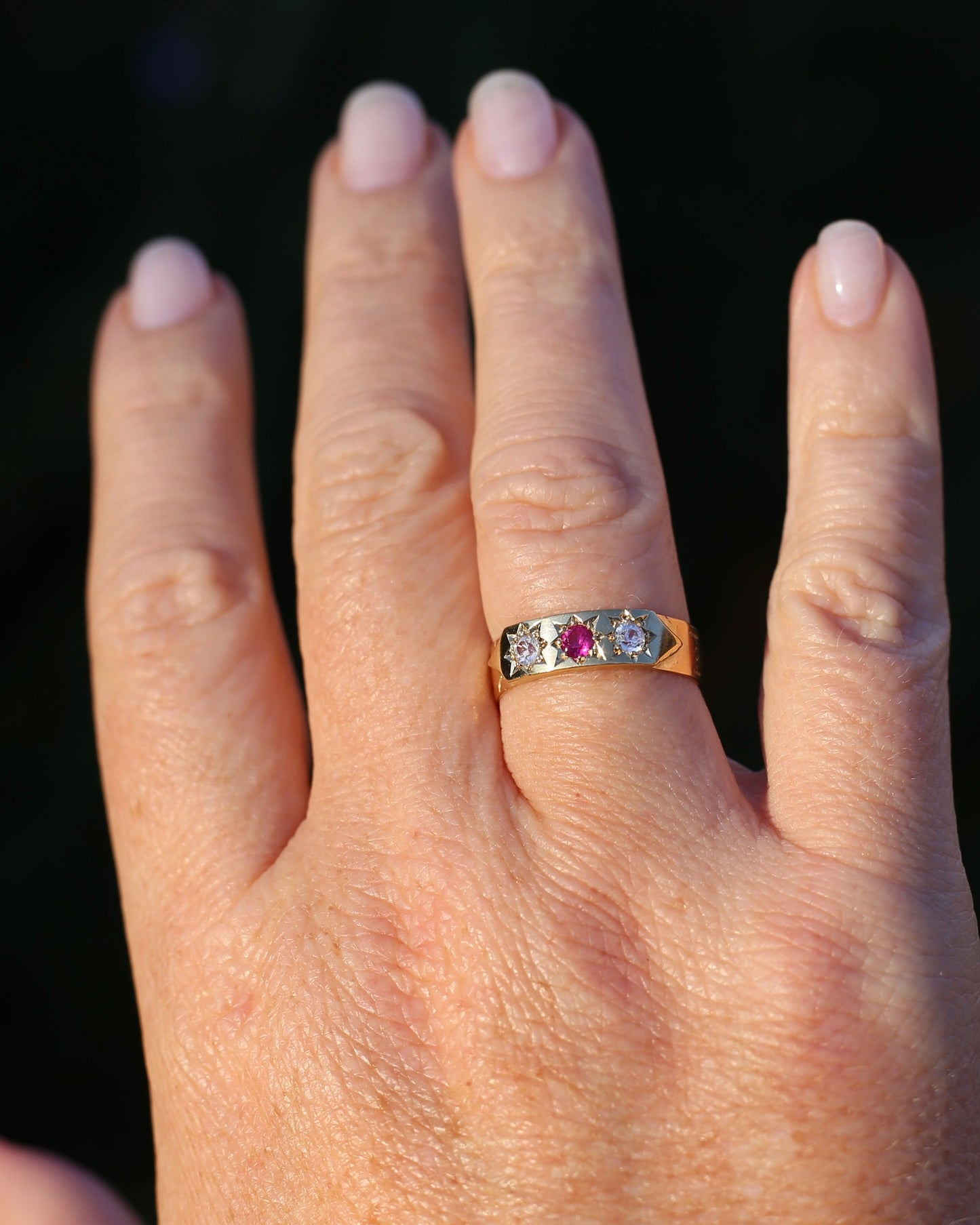 1873 15ct Band with 18ct Trilogy Old Cut Star Set Addition, 15 & 18ct Gold, size R1/2 or 8.75 (fits slightly smaller)
