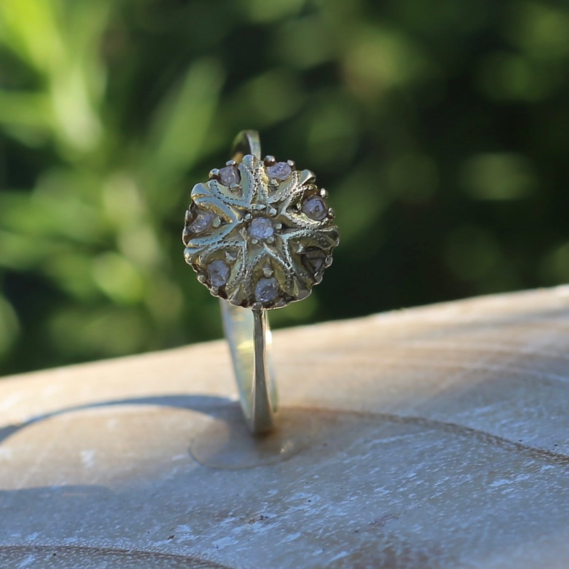 Rustic Handmade Likely Victorian Rose and Table Cut Diamond & Quartz Ring, approx 12ct Yellow Gold, size T or 9.5