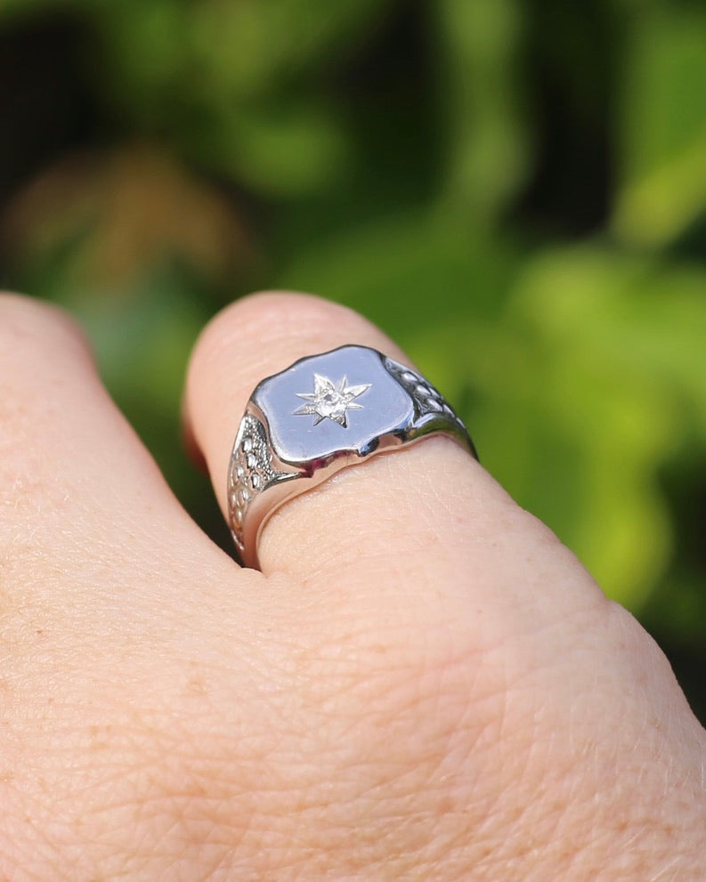 Vintage Shield Signet With Old Cut Diamond, 18ct White Gold, size N or just over 6.5 (fits more like an L1/2-M due to width), 6.86g