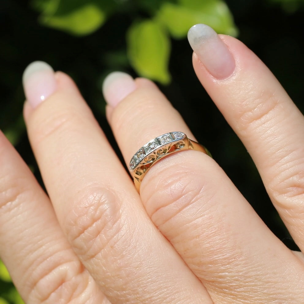 1930s Old Cut 5 Stone Diamond Ring, Platinum and 18ct Yellow Gold, size L or 5.75