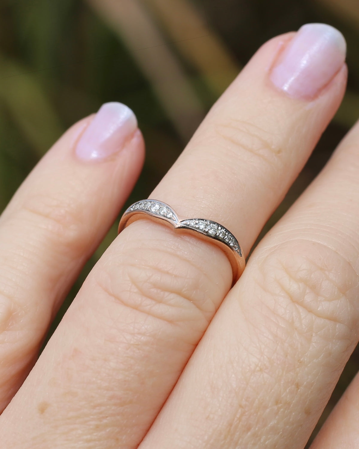 Bead Set Natural Diamond Wishbone Ring, 9ct Rose Gold, size J or 4.75, 1.7g