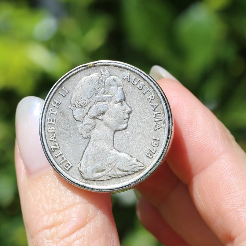 Queen Elizabeth 1973 Australia Coin in Bezel Set Silver Ring, size R or just over 8.5