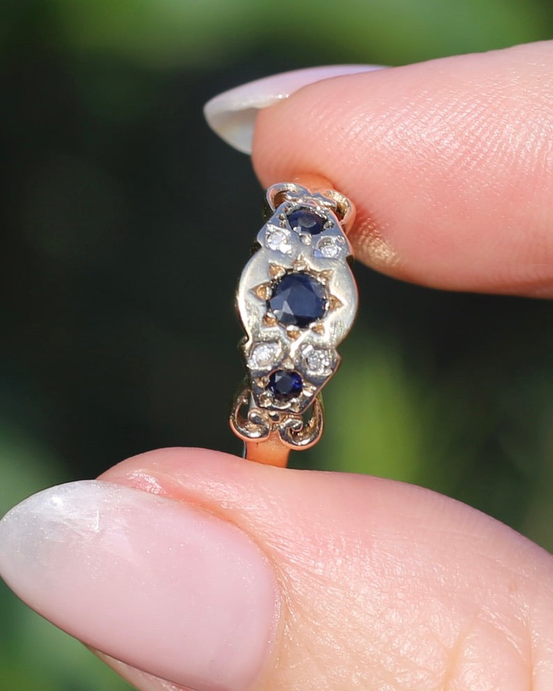 Star Set Dark Sapphire and Diamond Ring, 9ct Yellow Gold, size O1/2 or 7.5, 1.99g