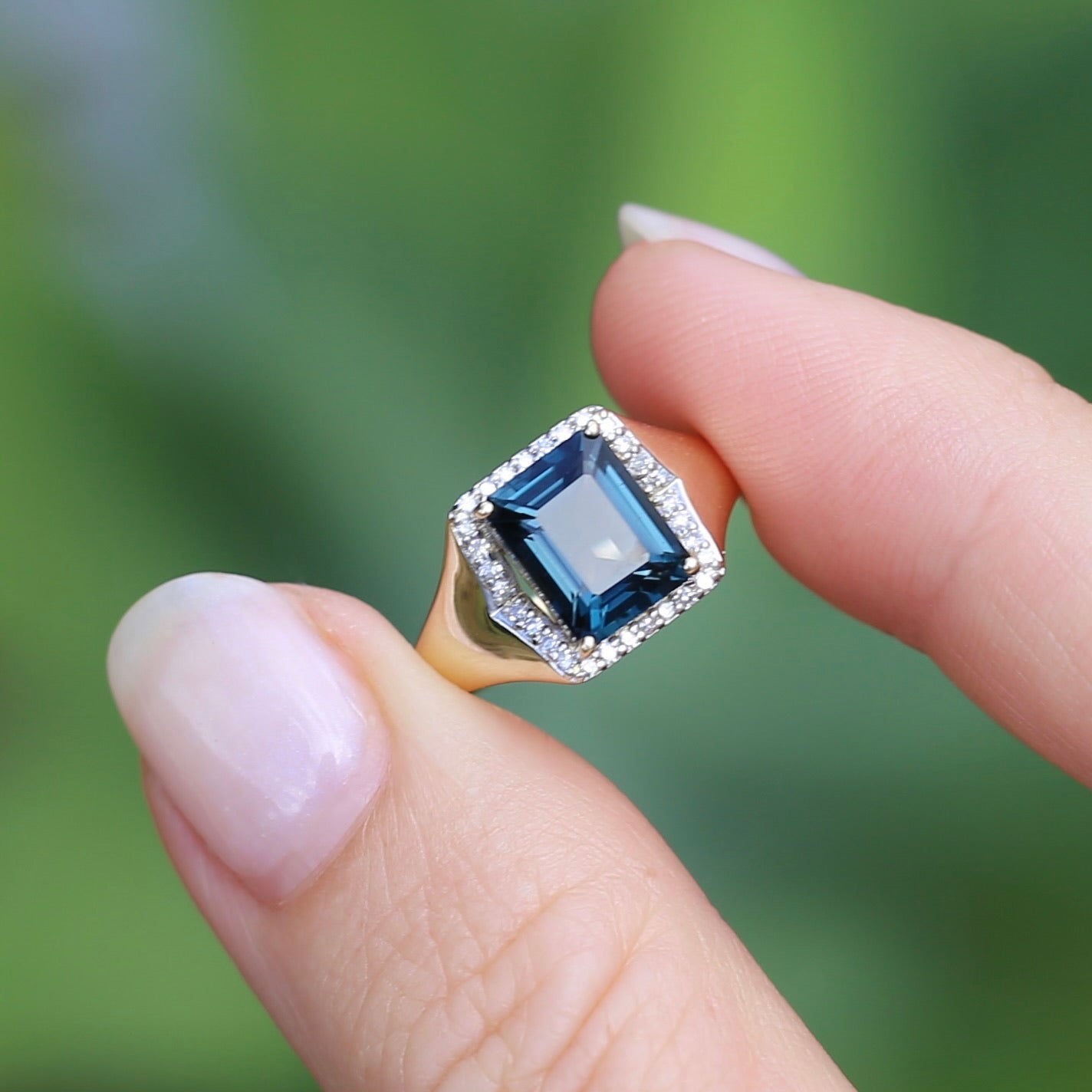 Emerald Cut London Blue Topaz Signet Ring With Diamond Halo, size N or 6.75