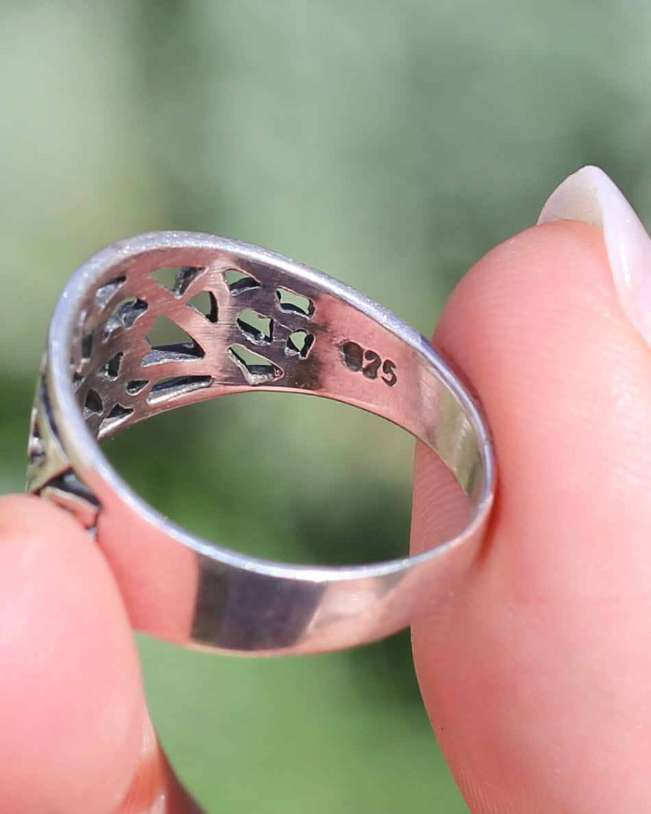 Hand Carved Flat Swirl J Ring, Sterling Silver, size R or 8.5 - fits more like a Q1/2 due to width, 3.78g
