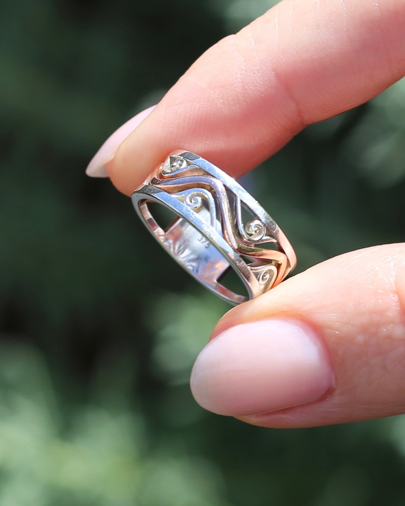 Silver and Rose Gold Filigree Swirl Band, Sterling Silver and 9ct Rose Gold, size P or 7.5 (fits more like an O)