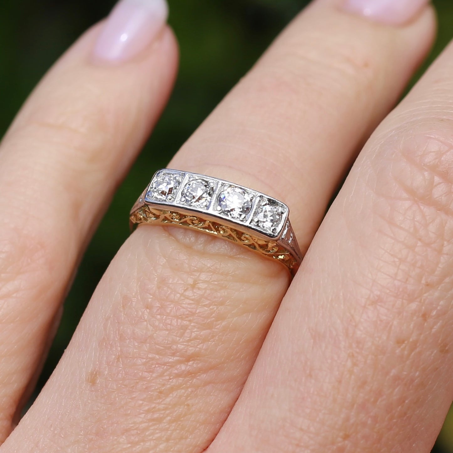 1930s 4 Stone Transitional Cut Diamond Mixed Metal Ring, 18ct Yellow Gold & Platinum, size M or just bigger than 6