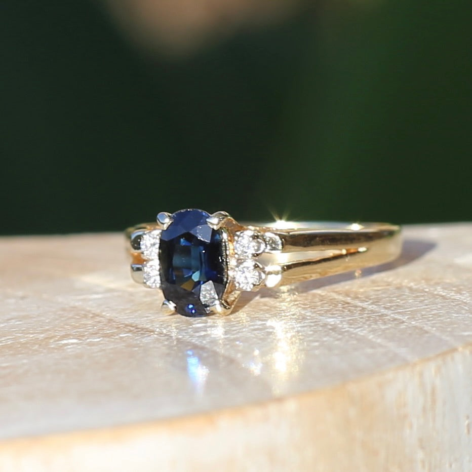 Oval Natural Blue Sapphire with Diamonds, Art Deco Feel Ring, 14ct Yellow Gold, size N or 6.75