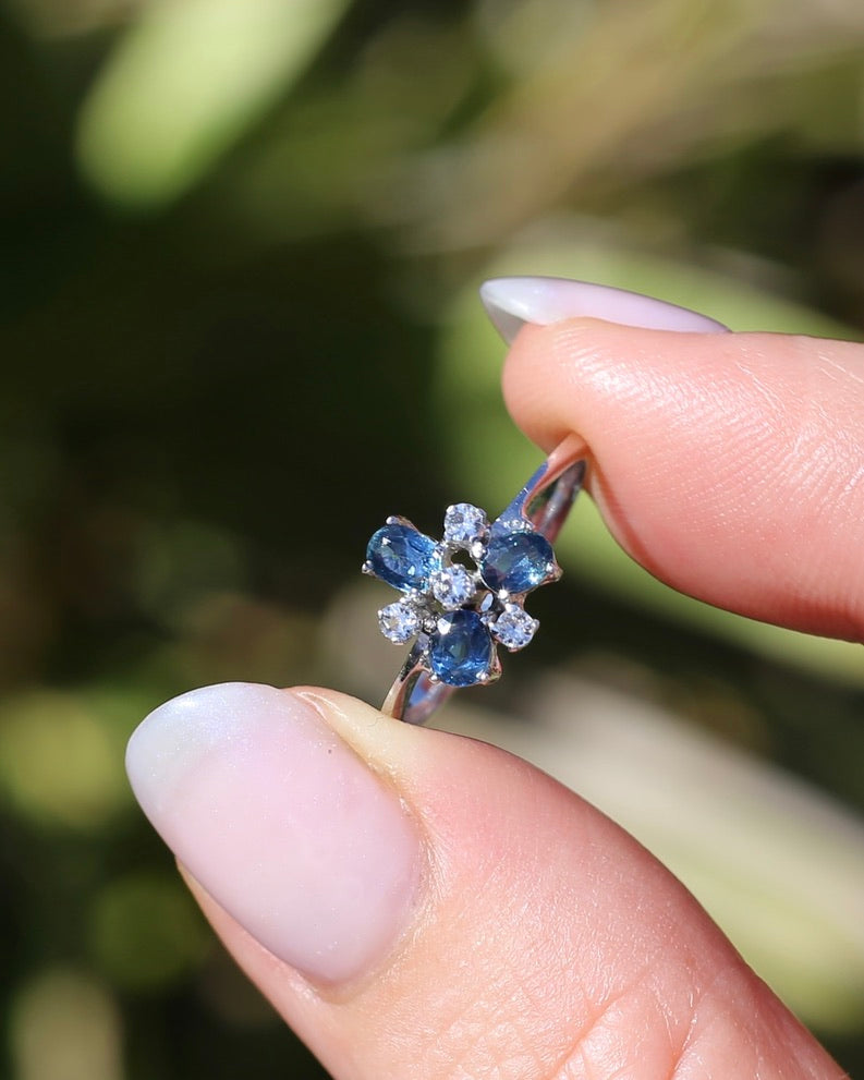Vintage Parti Sapphire and White Quartz Cluster Ring, 9ct White Gold, size M or just over 6, 1.7g