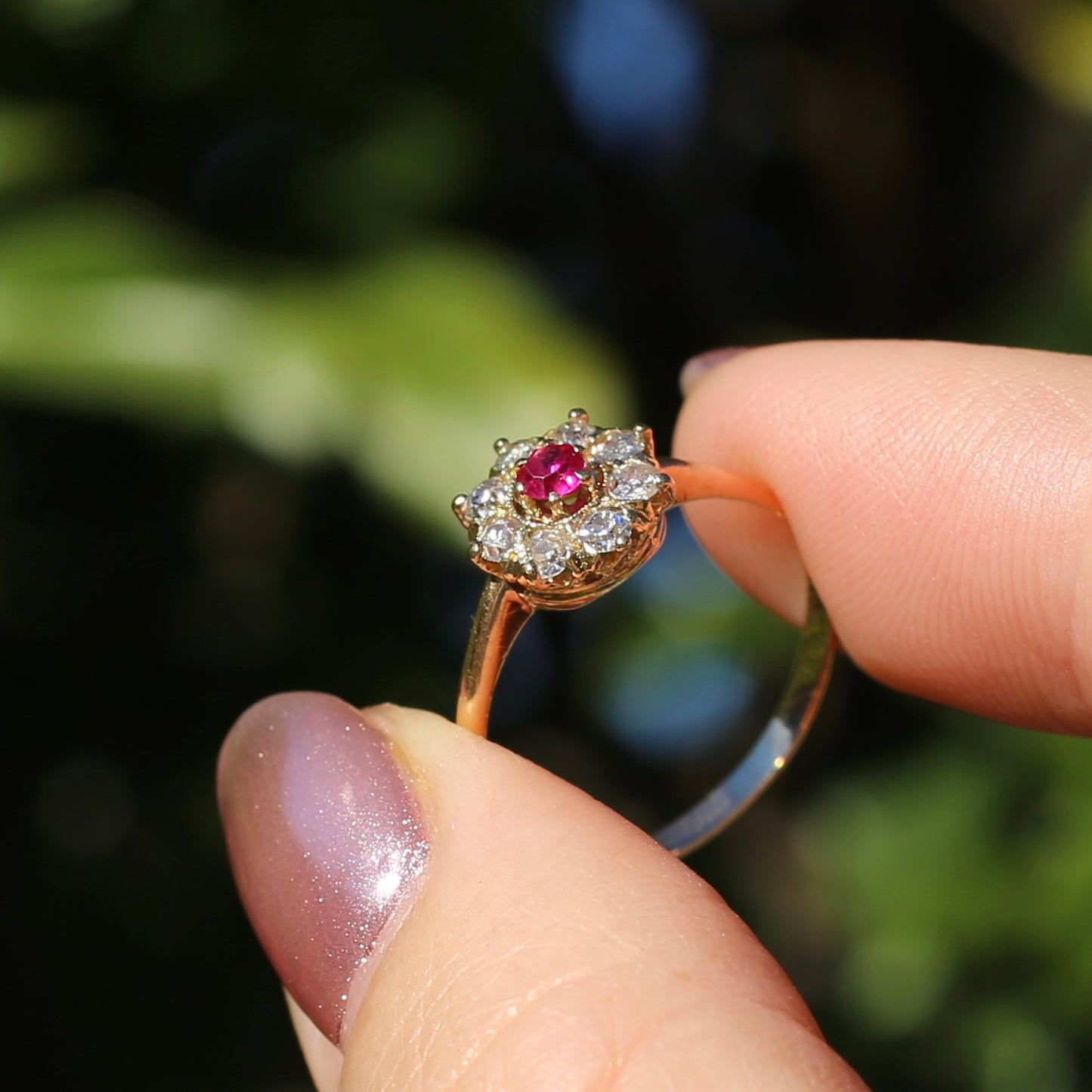 Antique Ruby and Old Cut Diamond Cluster, 15ct Yellow Gold, size O or 7.25 with valuation