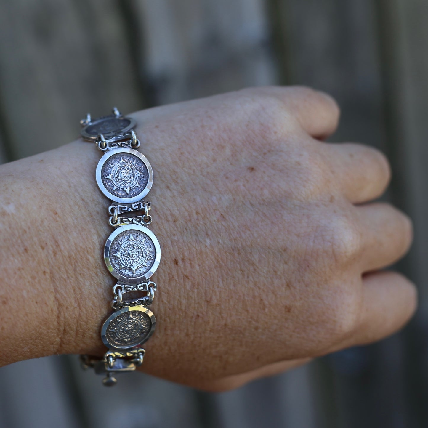 Vintage 1980s Maya Calendar Coin Bracelet, made in Mexico 950 Silver, 20cm or just under 8 inches