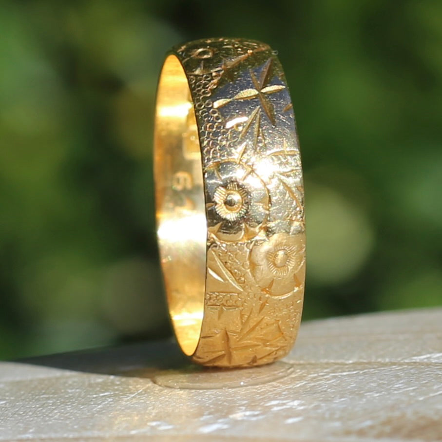 1964 22ct Half Round Band with Crisp Floral Engravings, size U1/2 ot 10.5 (fits about T1/2 or 9.75)