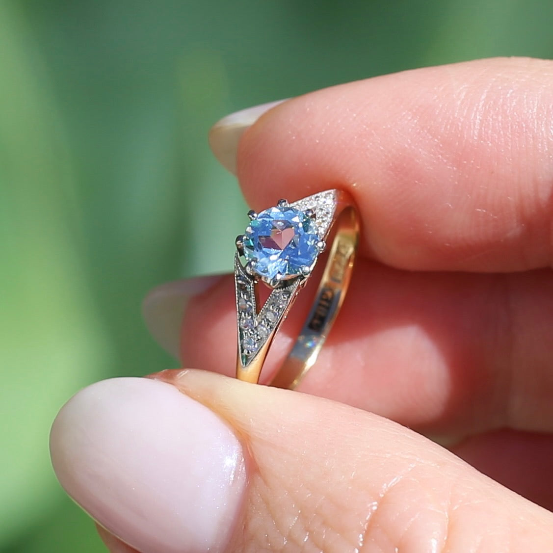 Pristine Early Australian 1930s Dunklings Blue Zircon & Diamond RIng, size L or just over 5.5