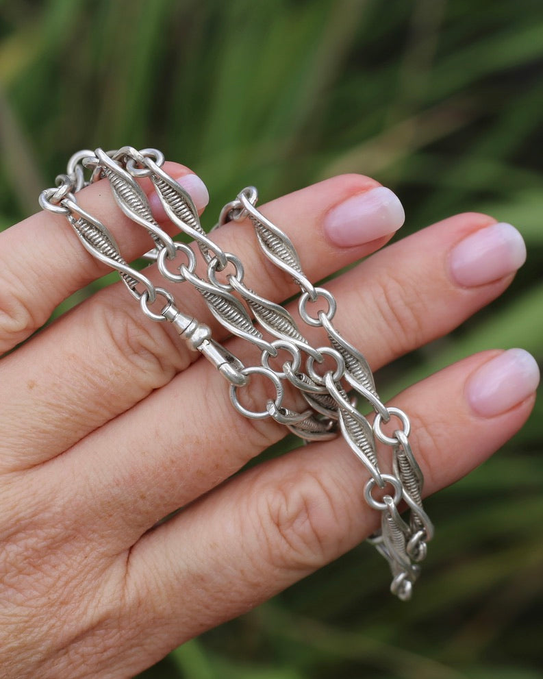 Vintage/ Vintique Fancy Link Single Swivel Albert Clasp Chain, Sterling Silver, 52cm or 20.5 inches, 30.0g