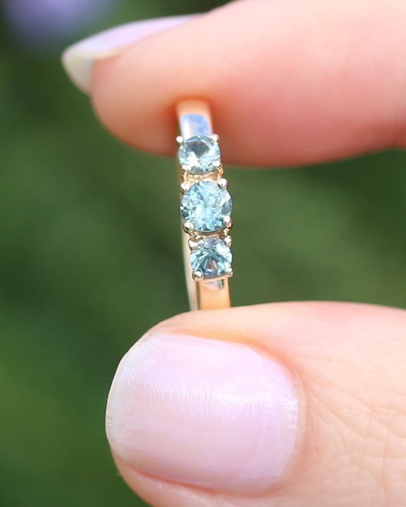 Natural Turquoise-Meets-Sage-Green Parti Trilogy, Claw Set 9ct Yellow Gold, size O1/2 or just over 7.25, 2.16g