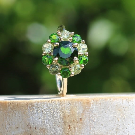 Chrome Diopside and Green Garnet Daisy Cluster Ring, 9ct Yellow Gold, size N1/2 or 7