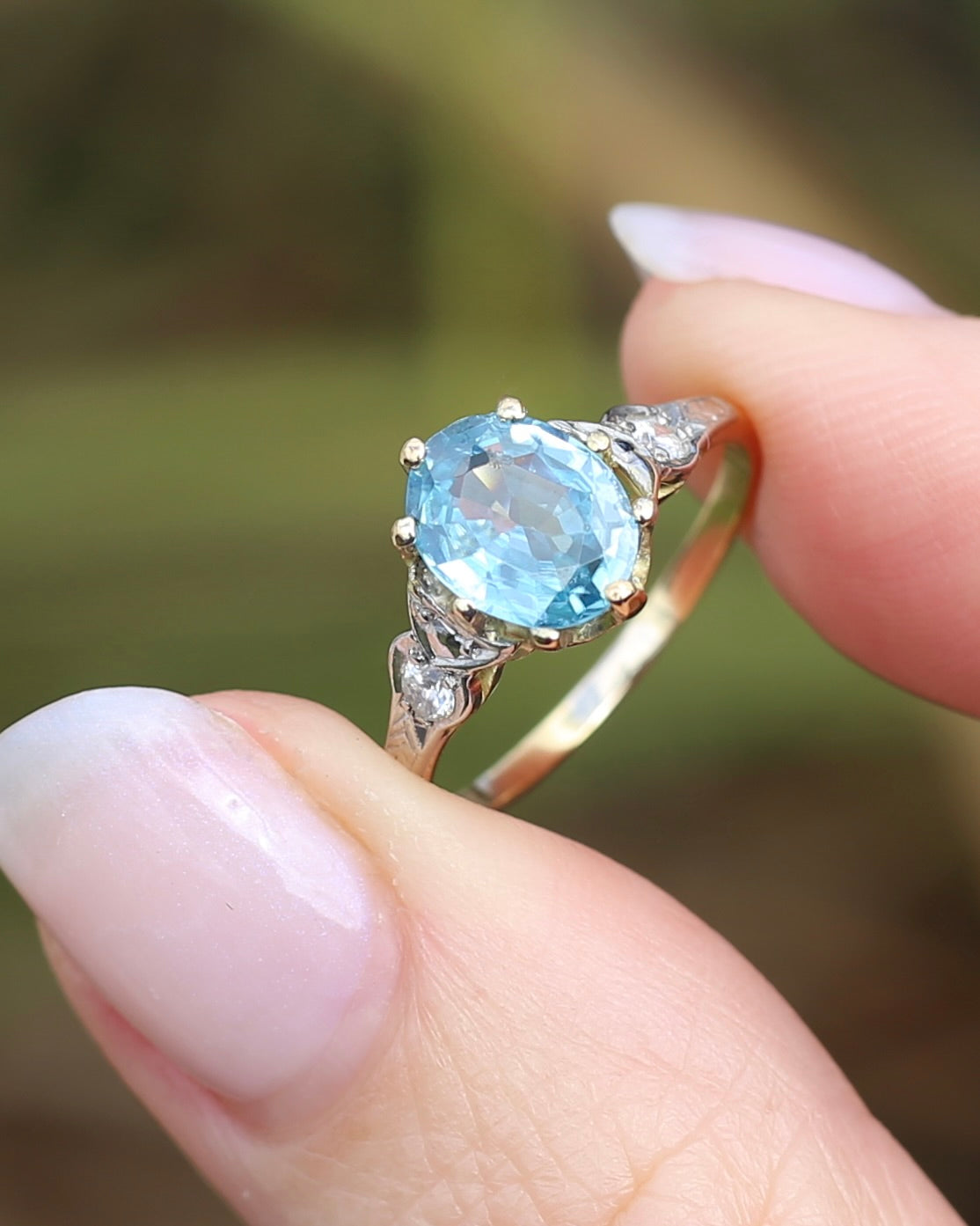 Circa 1930s Art Deco Blue Zircon and Diamond Ring, 18ct size just over M1/2 or 6.5, 2.80g