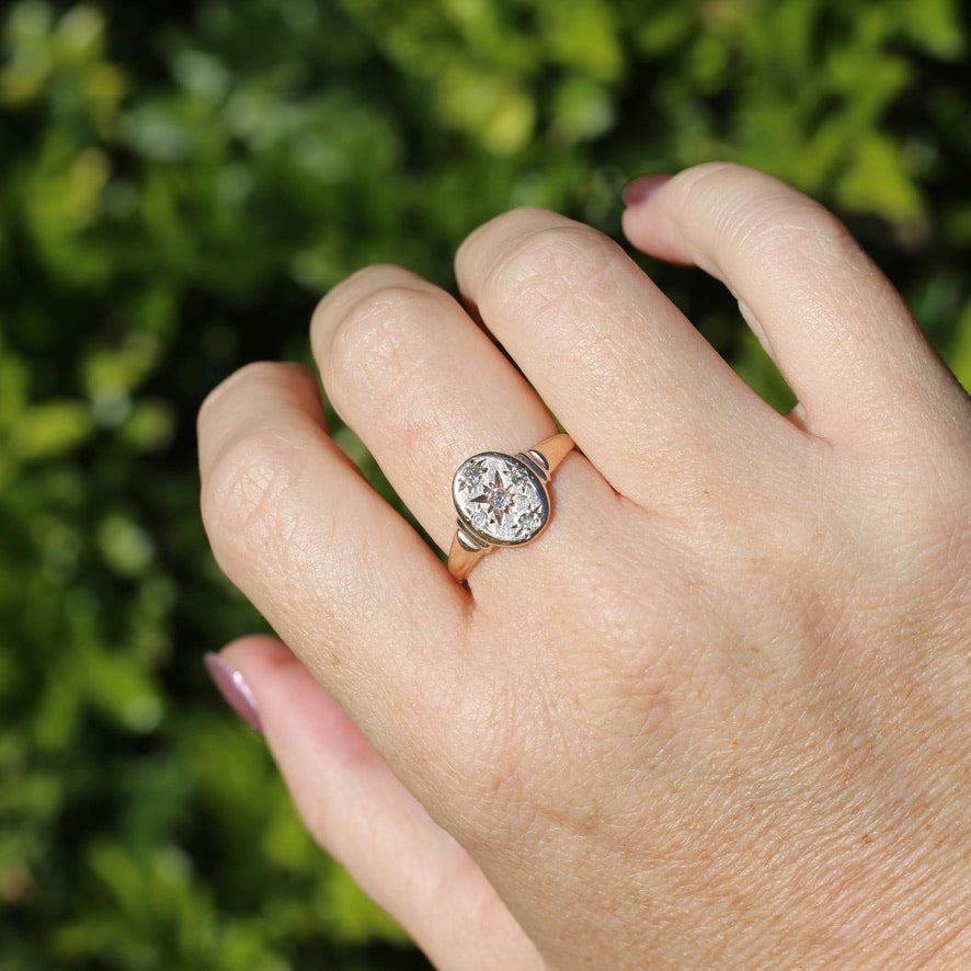 Early Australian Joseph Lawrence Signet Ring, Star Set with 5 Old Cut Diamonds, size T or 9.5