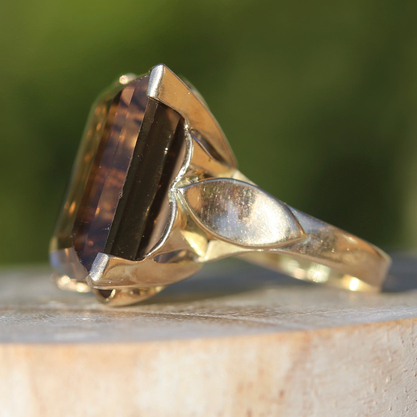 Mid Century 36ct Princess Cut Smoky Quartz Cocktail Ring, 9ct Yellow Gold, size N1/2 or 6.75