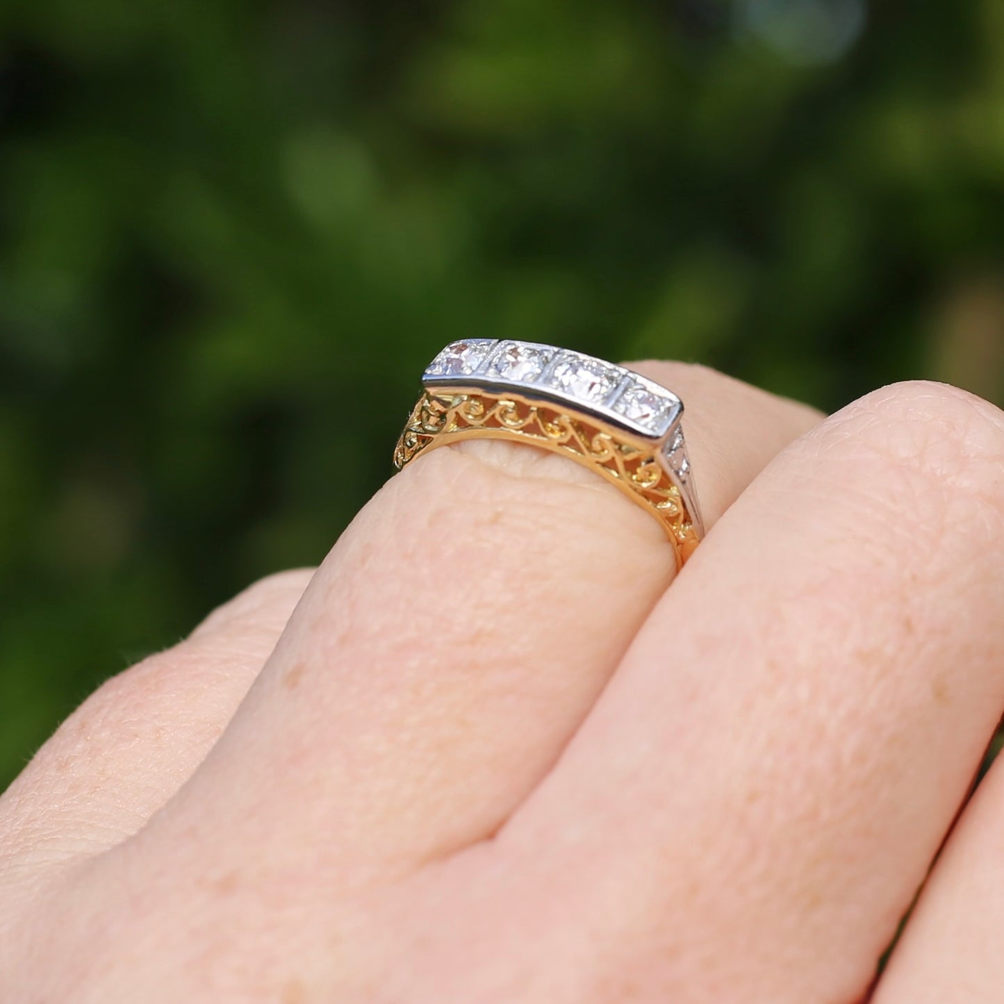 1930s 4 Stone Transitional Cut Diamond Mixed Metal Ring, 18ct Yellow Gold & Platinum, size M or just bigger than 6