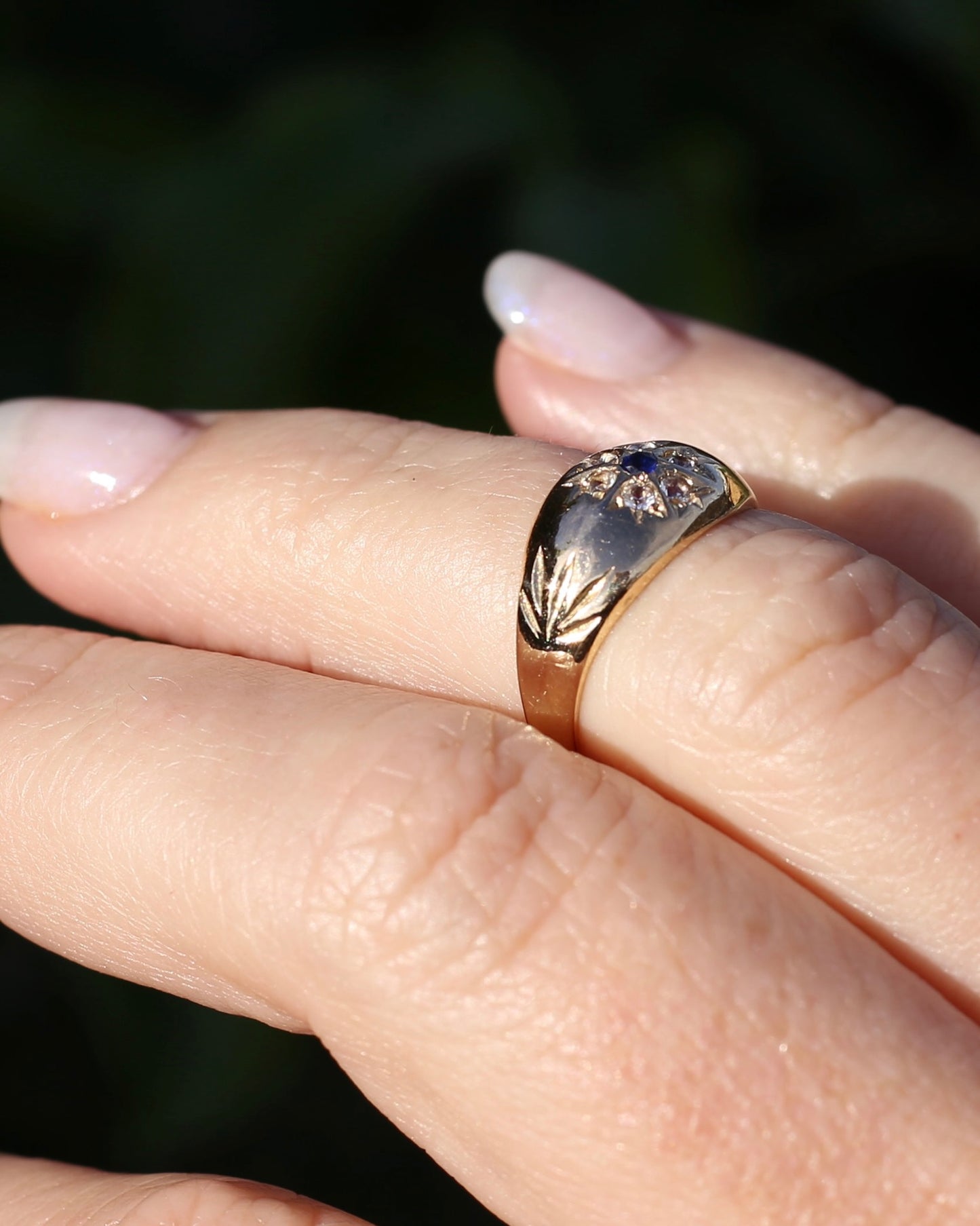Vintage 1994 Birmingham Made Sapphire and White Stone Floral Cluster in Domed Ring, 9ct Yellow Gold, size J1/2 or 5