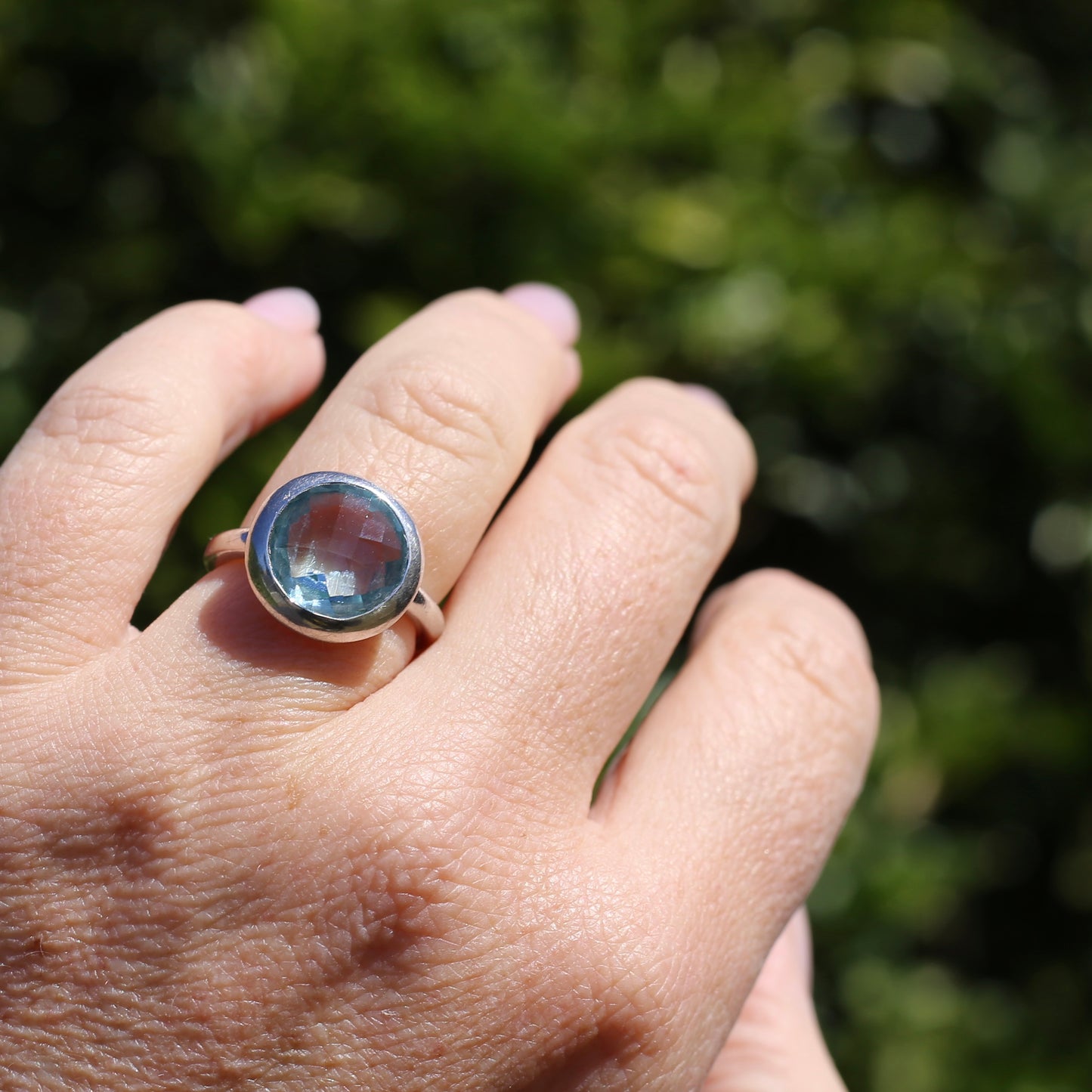 Bezel Set Harlequin Cut Blue Topaz Ring, Sterling Silver, size O or 7.25 (fits bigger)