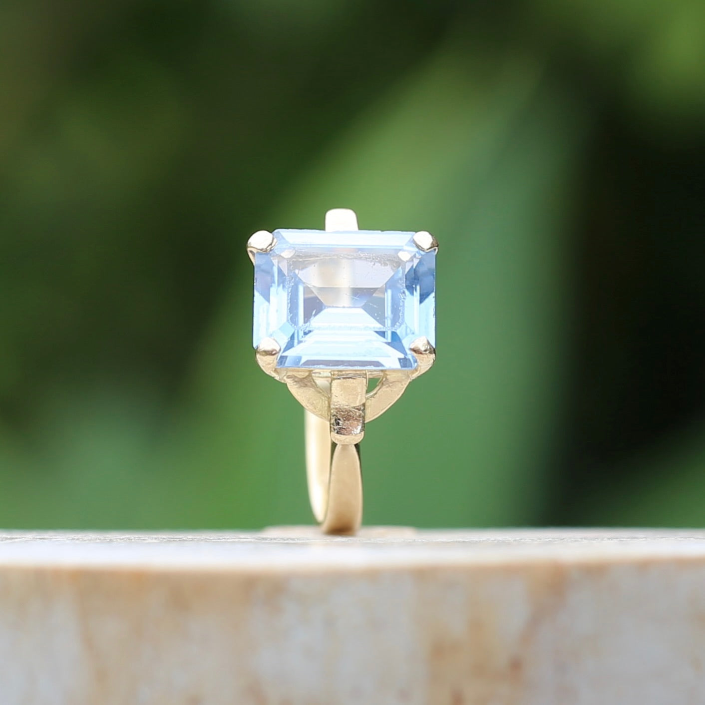 Emerald Cut Synthetic Blue Spinel in Gorgeous Art Deco Setting, 14ct Yellow Gold, size O or 7.25