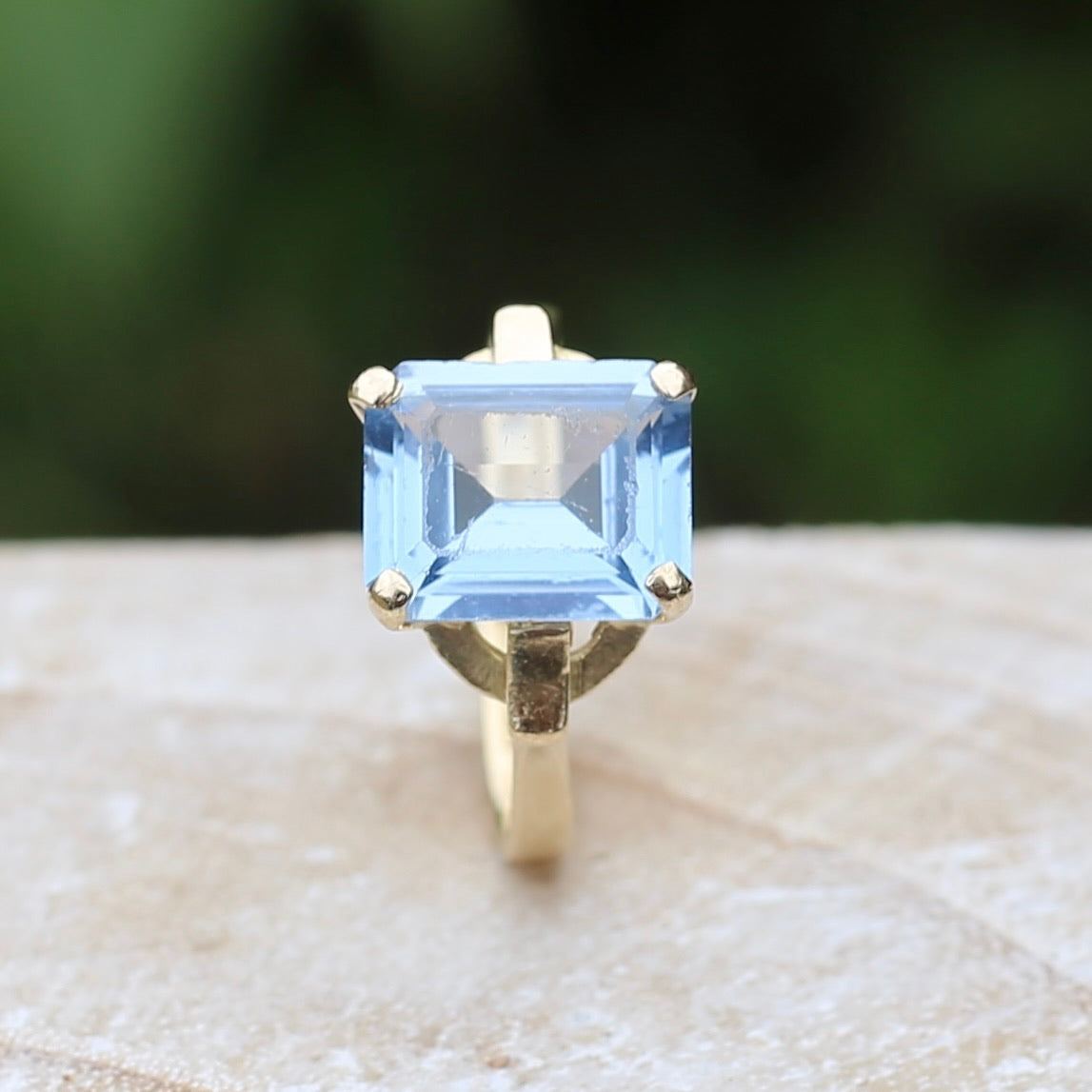 Emerald Cut Synthetic Blue Spinel in Gorgeous Art Deco Setting, 14ct Yellow Gold, size O or 7.25