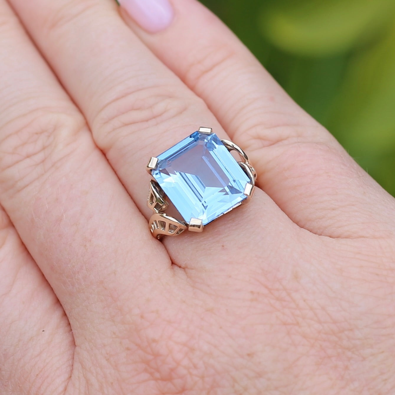 Mid Century Emerald Cut Blue Spinel Cocktail Ring, size N1/2 or 6.75