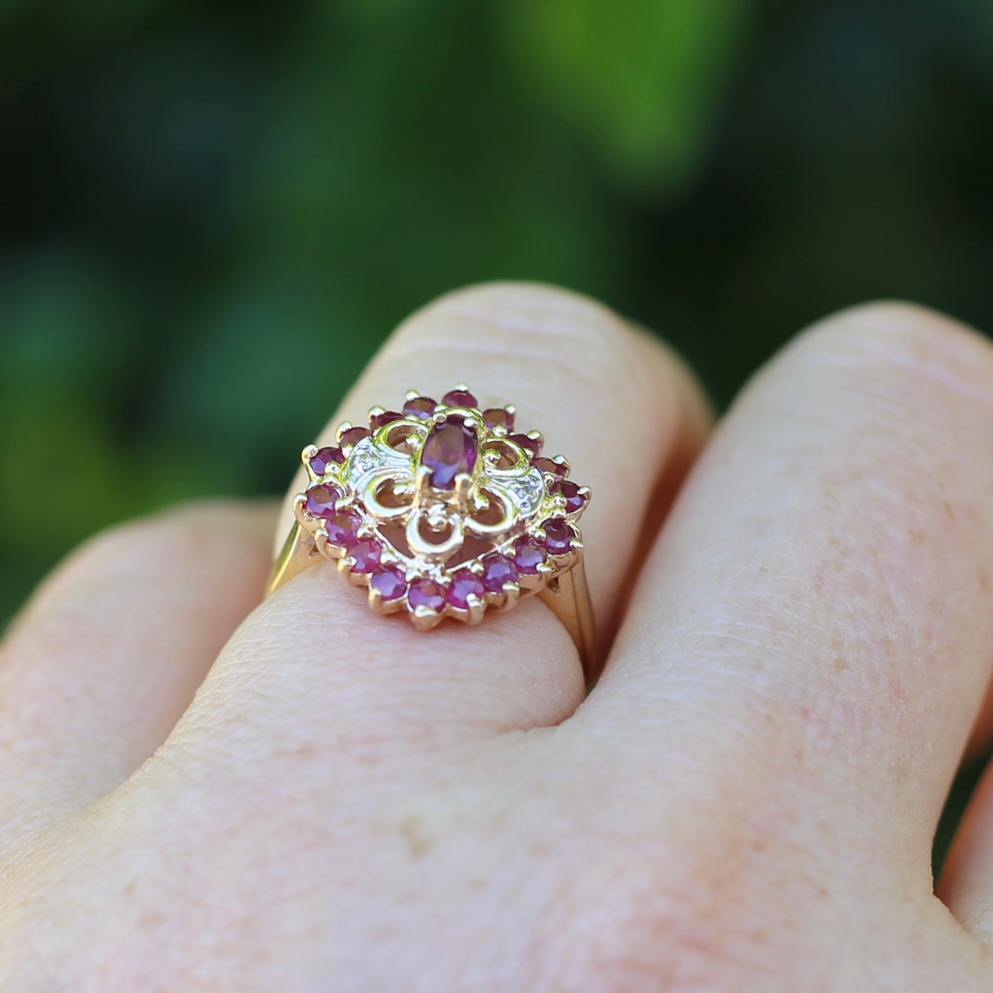 Ruby and Diamond Filigree 14ct Yellow Gold Ring, size M or just under 6.5