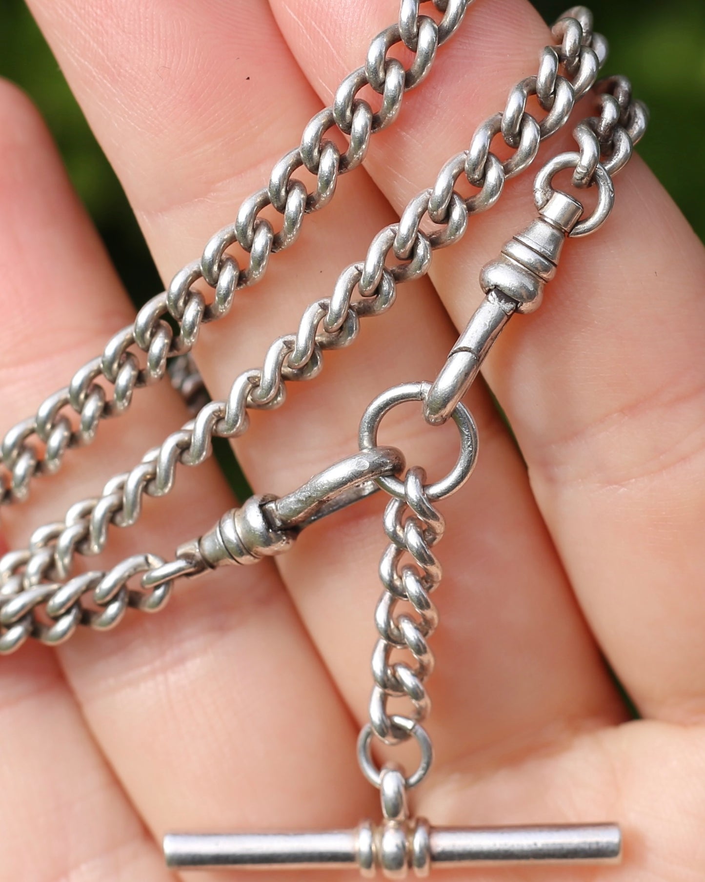 Vintage Silver Albert Chain, Likely American Made, Double Albert Clasp and Removable T-bar, Sterling Silver, 51.5cm