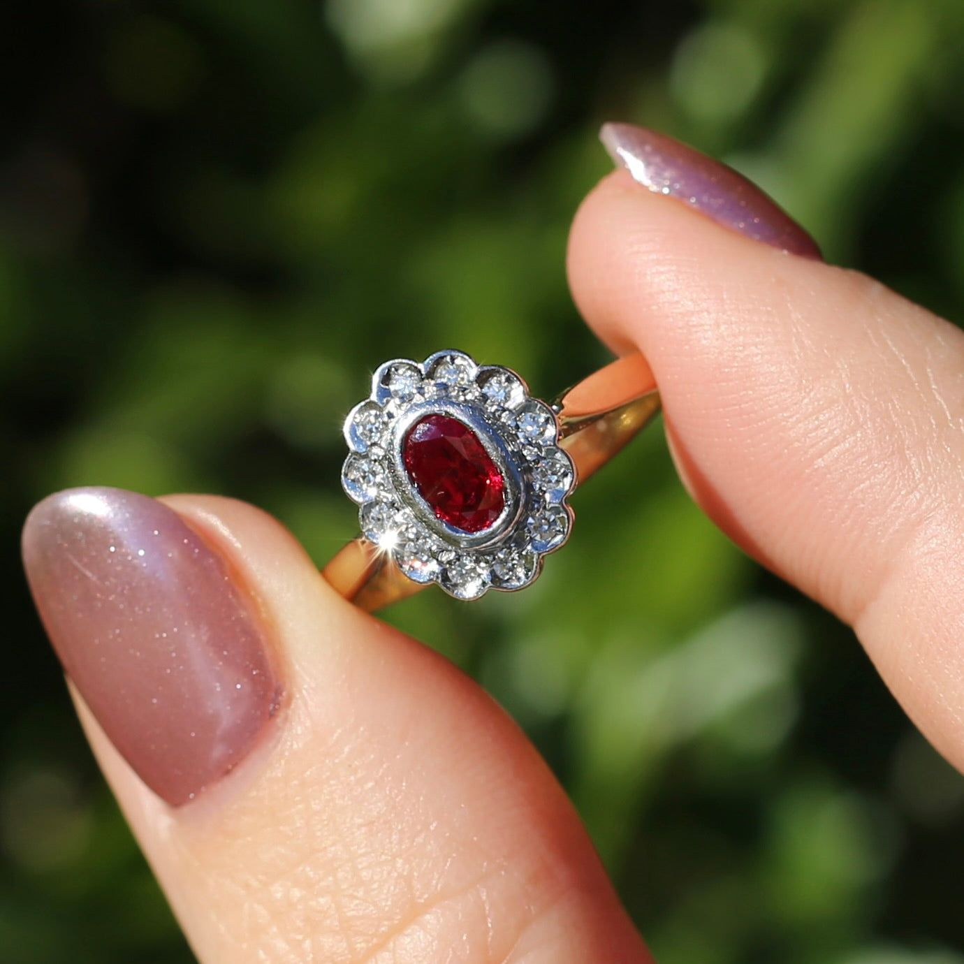 Ruby and Diamond Halo, 18ct Yellow and White Gold, size P or 7.75 with valuation