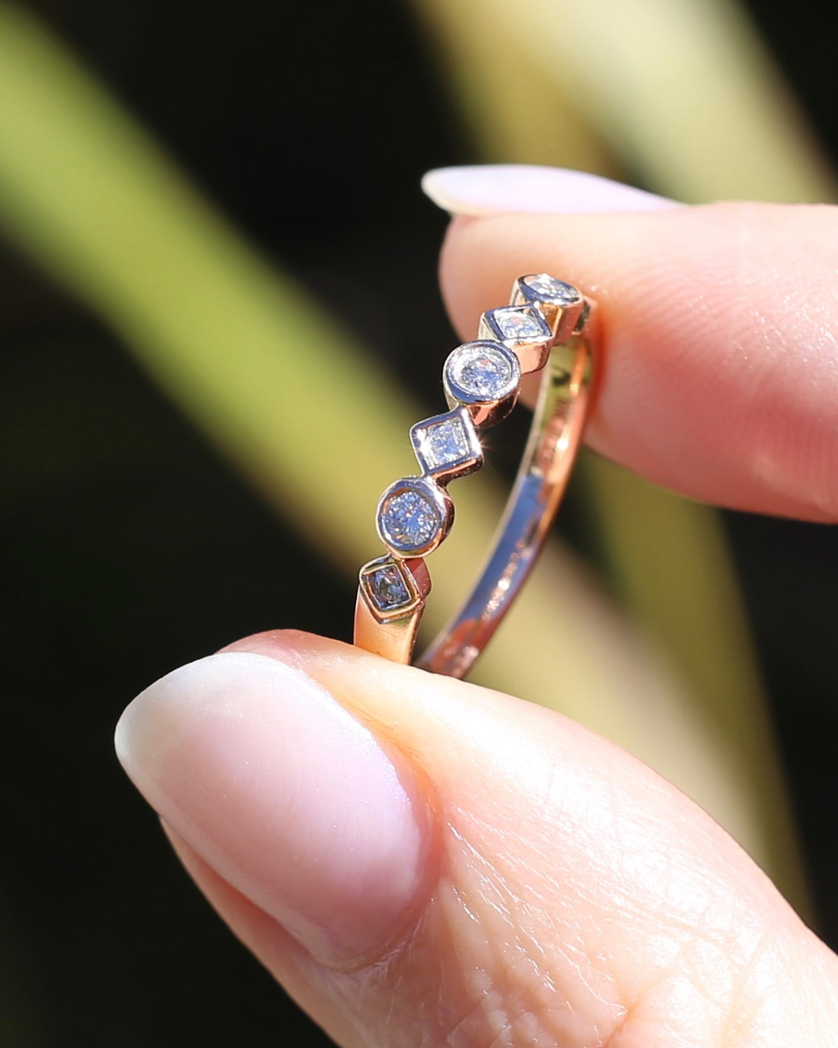0.25ct 7 Stone Natural Diamond Bezel Set Round and Geometric Rose Gold Stacker, 10ct Rose Gold, size O or 7.25
