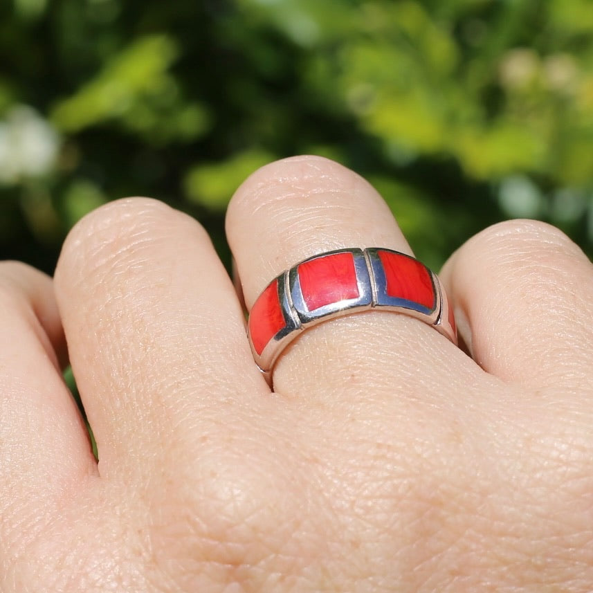 Red Square Resin Silver Ring, Size R1/2 or 8.75 (fits more like a P1/2)