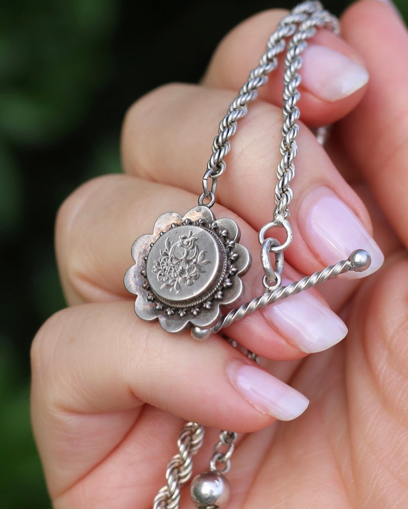 Antique 1896 Double Albertina Necklace with T-bar and Floral Pendant, Sterling Silver, 18.85g