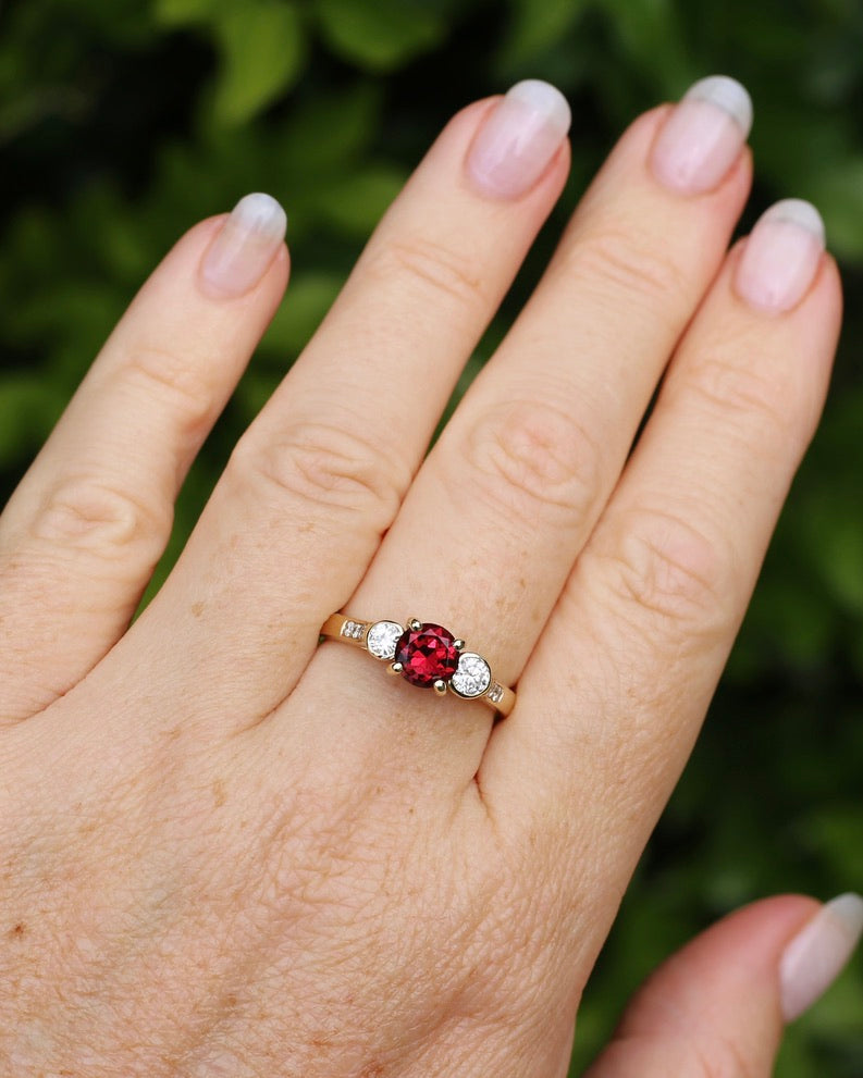 East African Rhodolite Garnet and Diamond Dais Trilogy, 9ct Yellow Gold, size S or 9.25