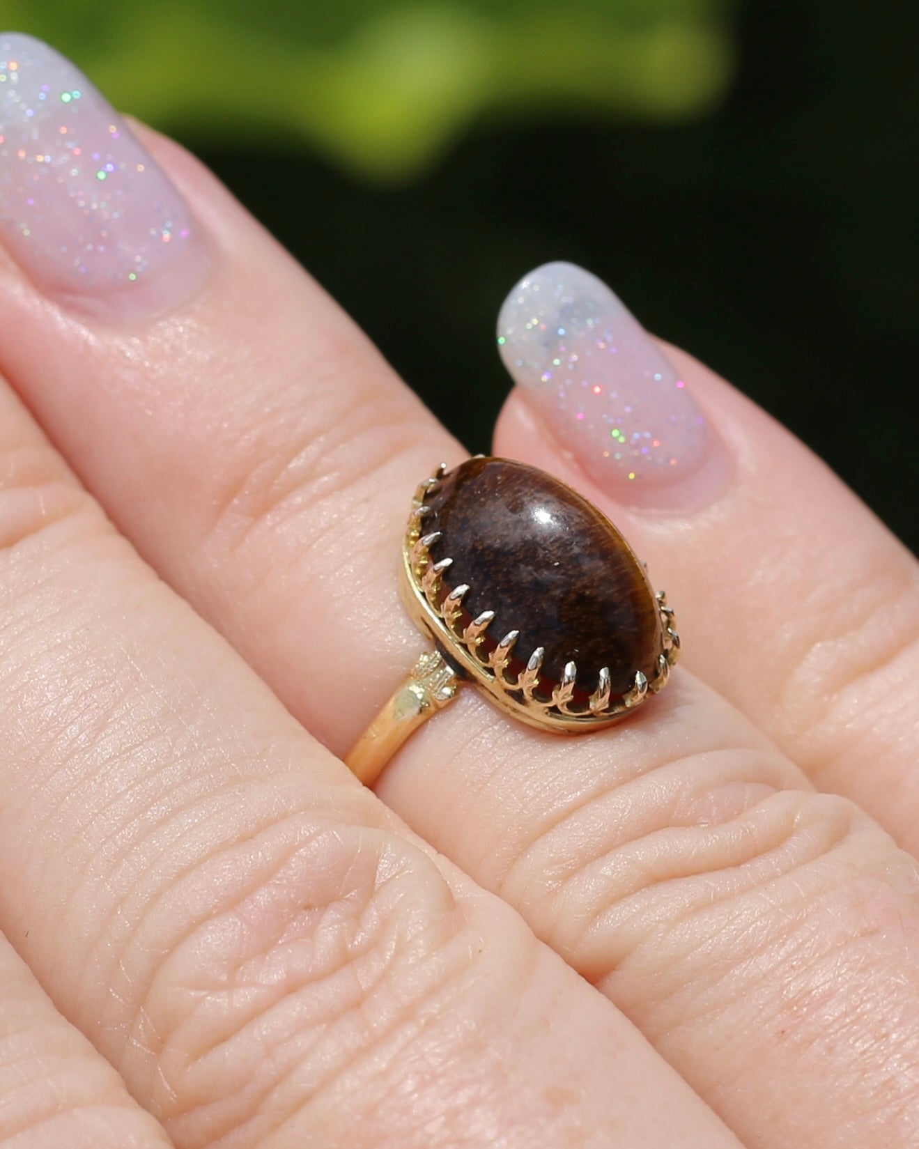 Second Glance - Antique Birmingham Made 1922 Tiger Eye Cabochon Ring, 15ct Yellow Gold, size I or 4.25, 2.27g