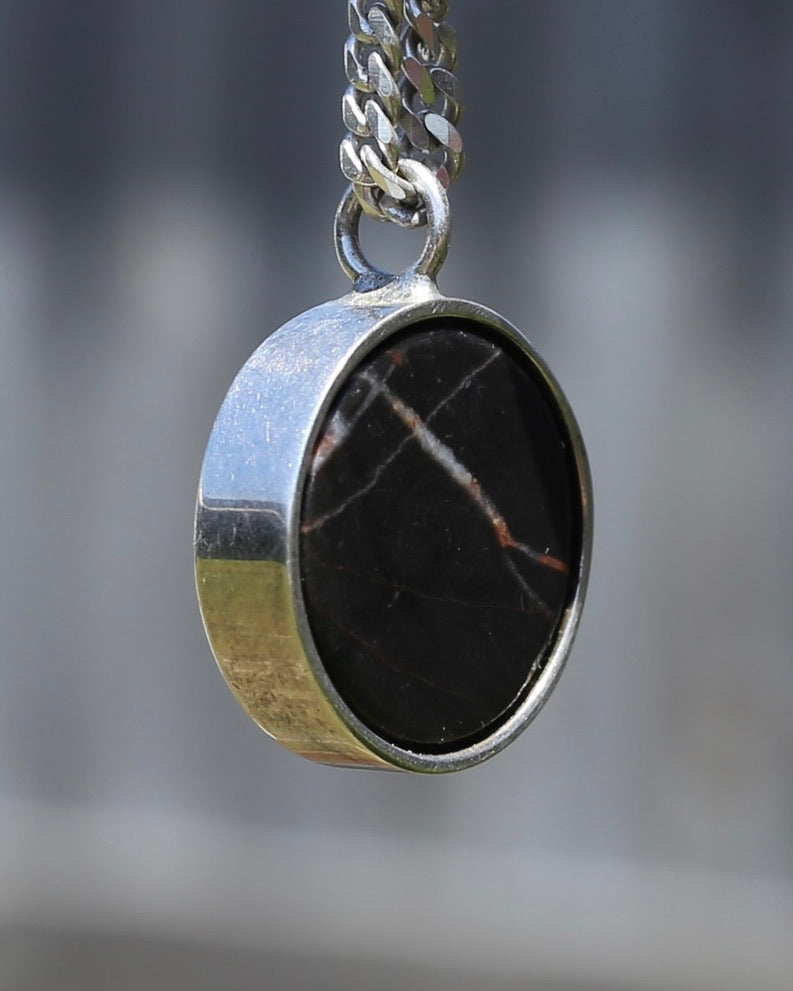 Vintage Chunky Black Agate and Silver Pendant, 13.2g