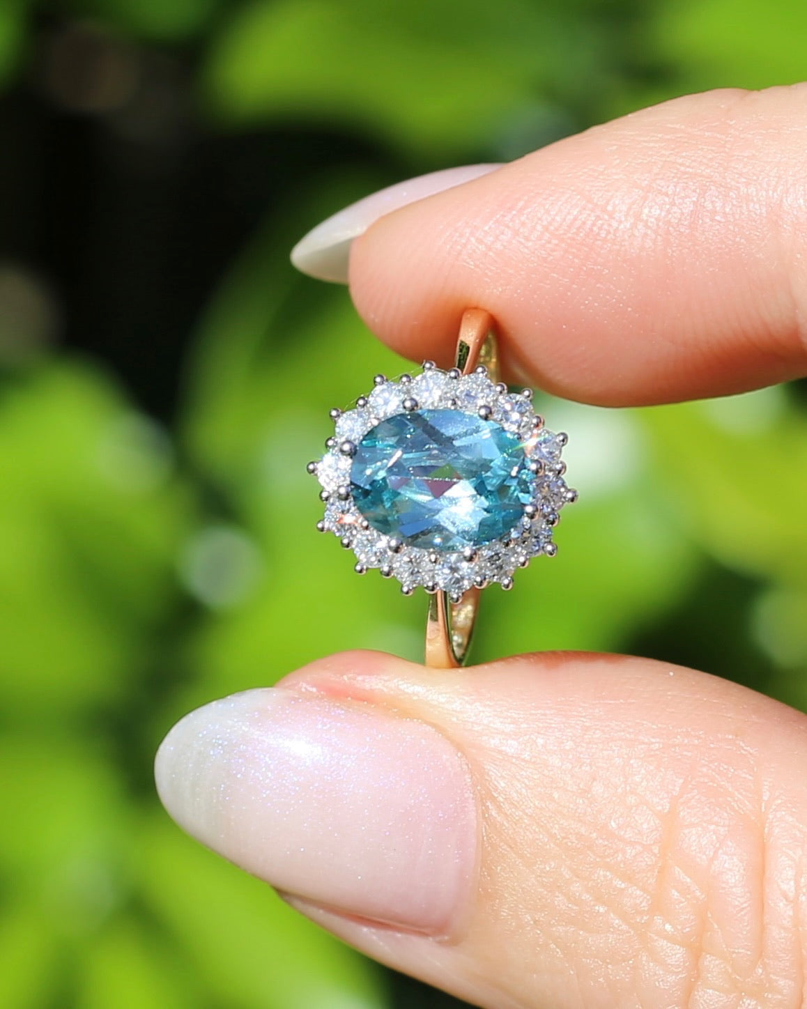 2.79ct Oval Blue Zircon and Diamond Halo, Vintage 9ct White and Yellow Gold, size M1/2 or 6.5