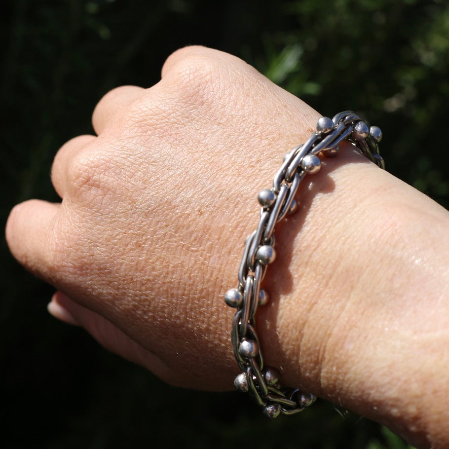 Chunky Silver Bracelet with Overlapping Loops and Dot Ball Detail, 45.3g