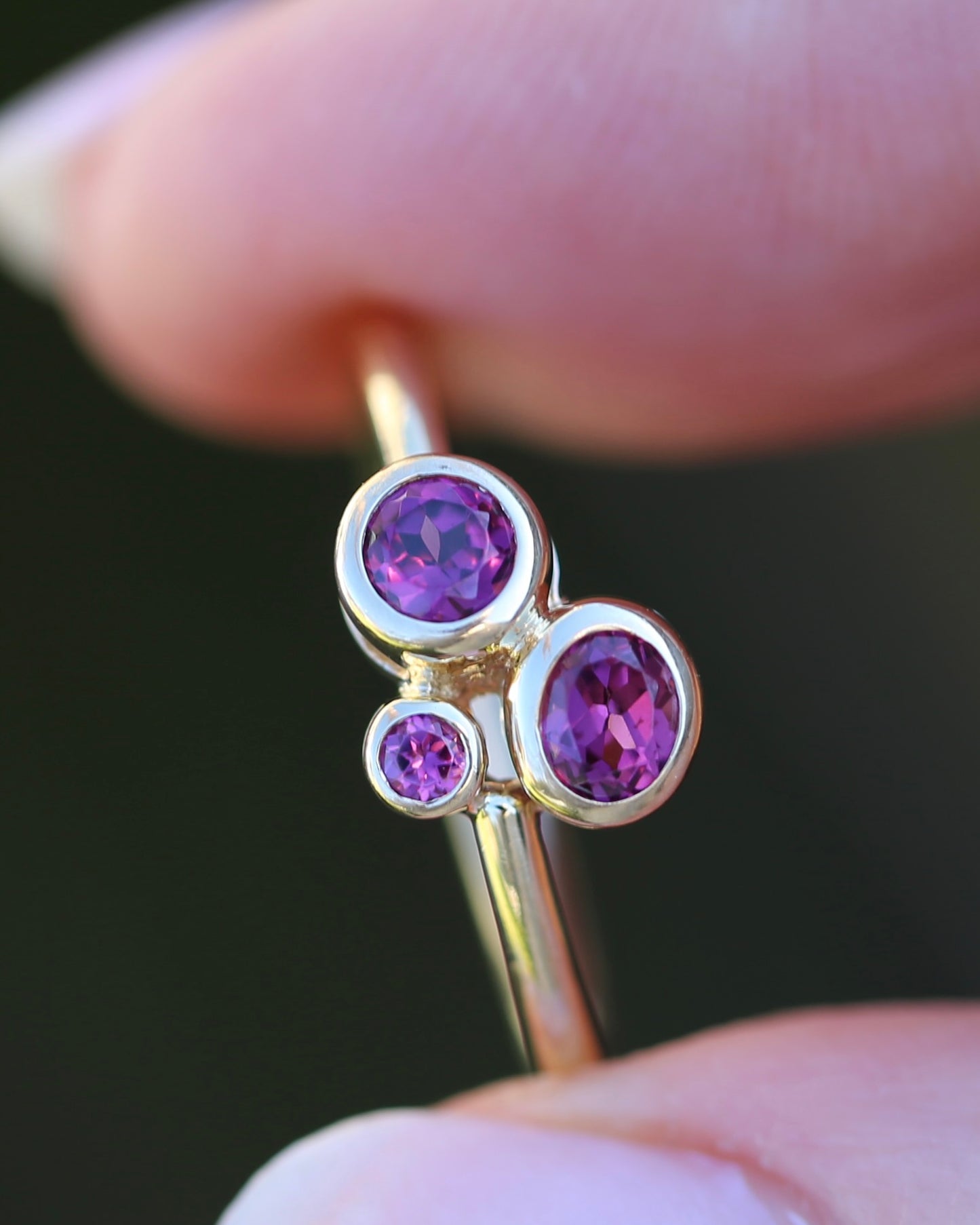 Rhodolite Garnet Three Stone Modern Bezel Set Bubble Trilogy, 9ct Yellow Gold, size O or 7.25, 1.75g