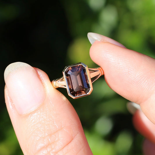 Custom Cut 4.36ct Octagonal Brown Zircon, Bezel Set, 9ct Yellow Gold, size L1/2 or 6