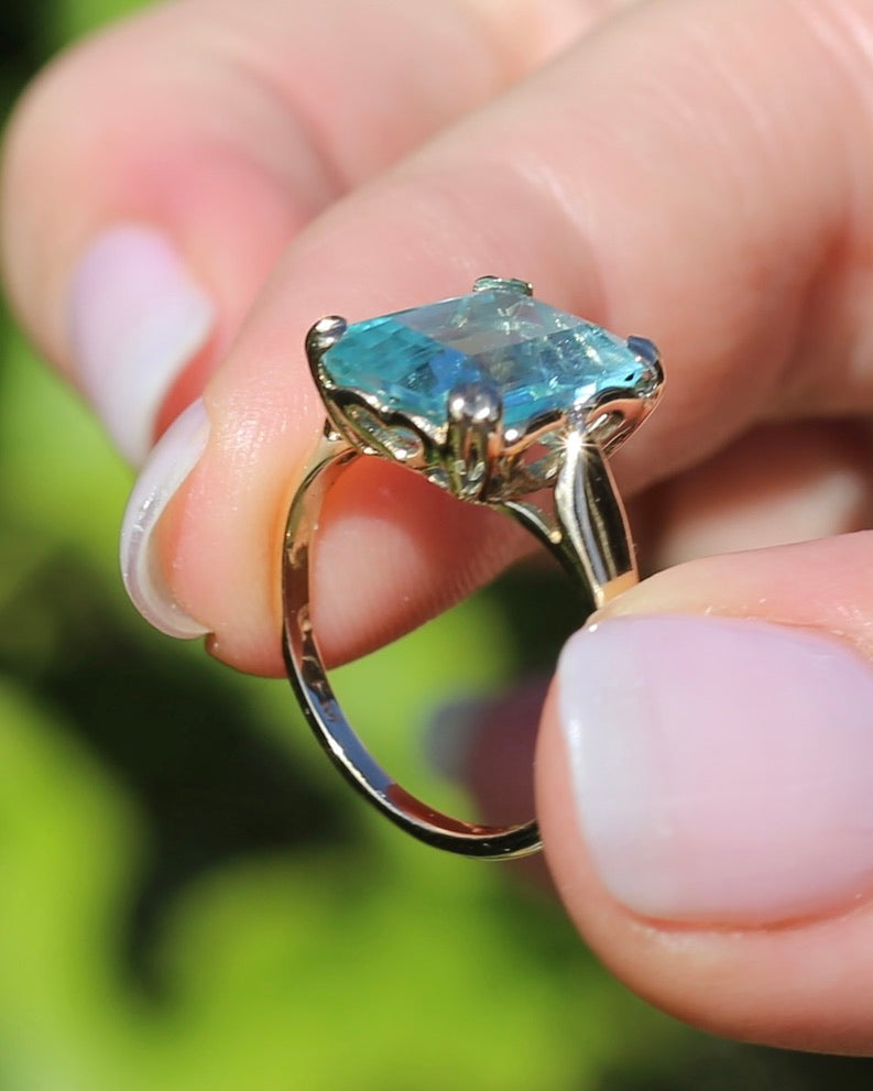 Second Glance - Natural 4.3ct Emerald Cut Aquamarine in Vintage 1963 London Made Ring, 9ct Yellow Gold, size K1/2 or 5.5, 3.04g