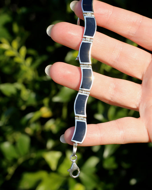 Black Panel Wavey Silver Bracelet, Sterling Silver, 18.3g, 19cm