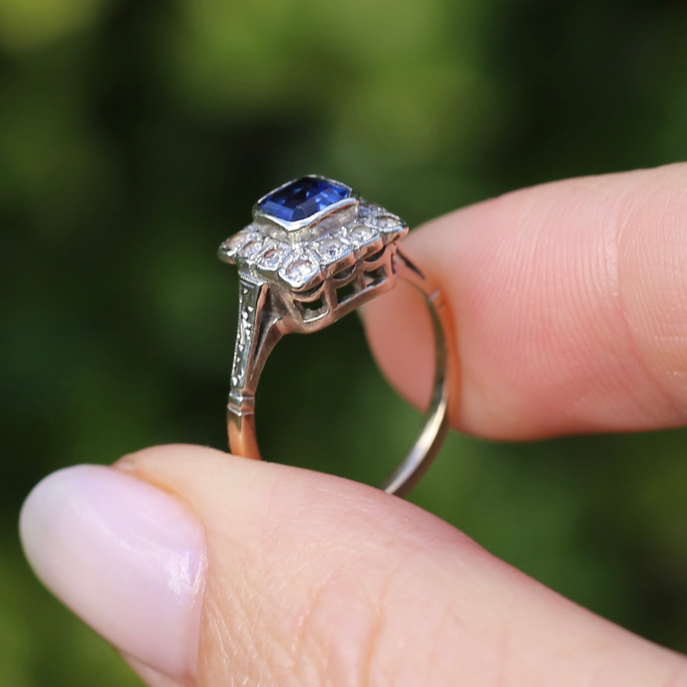 1930s Mixed Metal, Sapphire and White Spinel Halo Ring, 9ct Yellow and White Gold, size J1/2 or 5